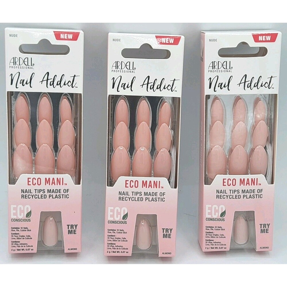Lot 3 Ardell Nail Addict Eco Mani Press On Color Nude/ Almond Shape 3x30ct Boxes